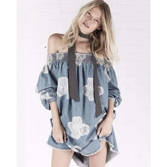 One X Oneteaspoon Lead rose mini dress size medium off on shoulder denim - Picture 1 of 12
